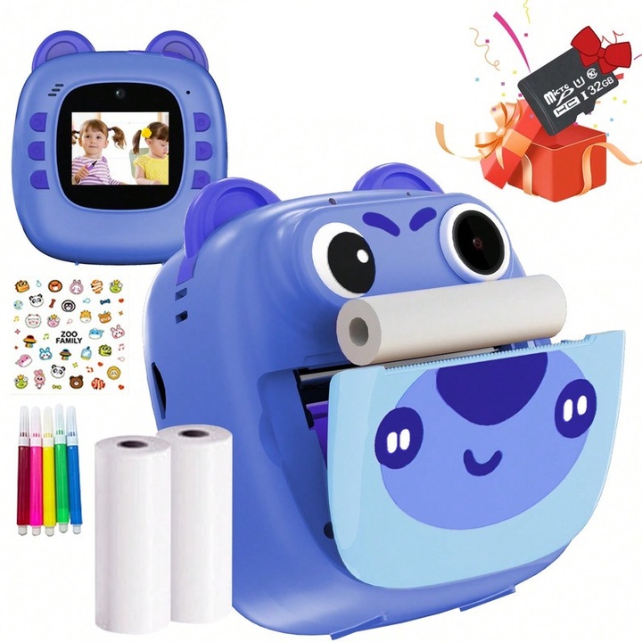 Цифров фотоапарат за деца, WALALLA, двойна камера, функция моментален печат, 1080P HD, 32GB, син, комплект с аксесоари