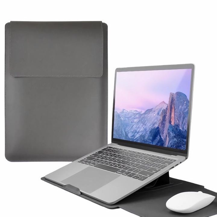 Husa laptop 13.3-14 inch, gri, din piele PU impermeabila, cu suport ajustabil si pad pentru mouse