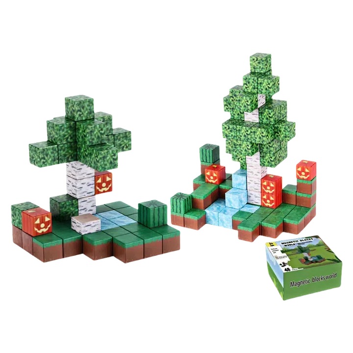 Set jucarii magnetice, 48 blocuri de constructie, papusi incluse, 2.5x2.5cm, multicolor