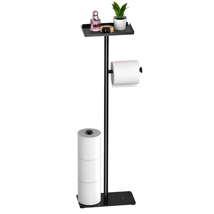 Поставка за ролки тоалетна хартия, с табла за аксесоари, Herum, Черна, 72 см