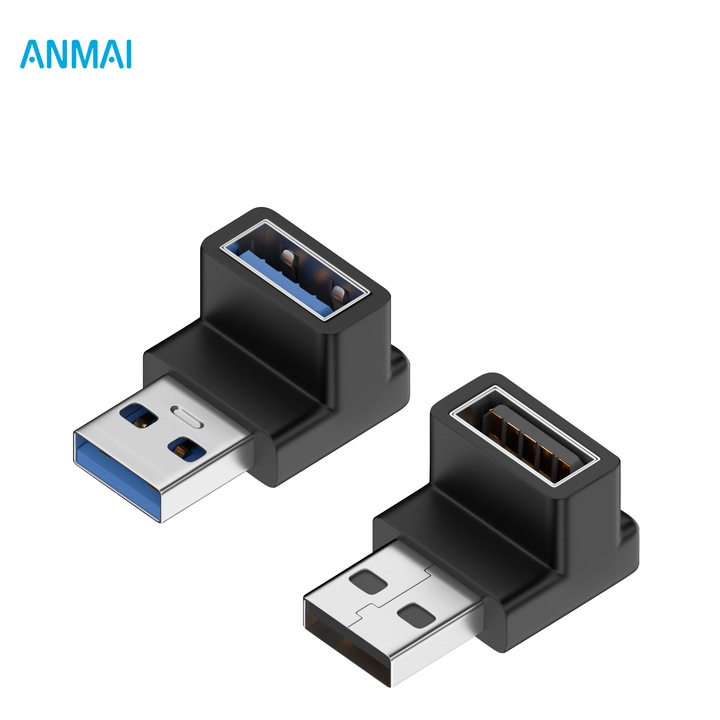 Комплект от 2 USB 3.0 удължителни адаптера, Anmai, тип A към A, plug and play, ъгъл 90 градуса, черен