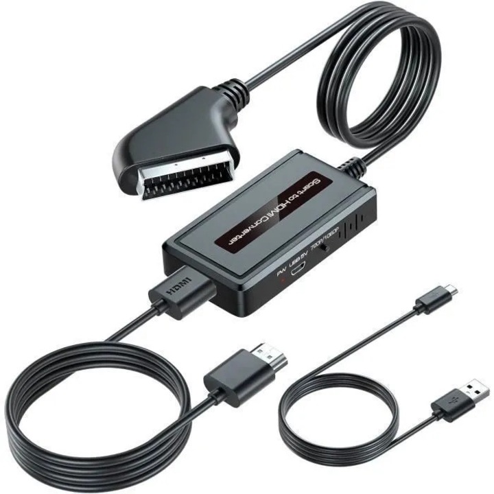 Scart към HDMI адаптер - Модел с USB кабел - 720p/1080p Резолюция - Plug and Play - Черен
