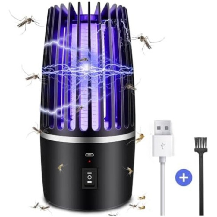 UV rovar elleni lámpa, szúnyog elleni, légy, törpe eszköz, hangtalan, rovarok ellen, 360°-os sugárzással beltérre vagy kültérre, 2000V, USB töltés, 4000mAh, 2 világítási mód