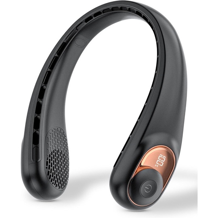 Hordozható nyakventilátor, YSBER, Mini, 3 sebességbeállítás, USB típusú C újratölthető, akár 12 óra üzemidő, 5200 mAh akkumulátor, Akkumulátor kijelző, rugalmas, Fekete