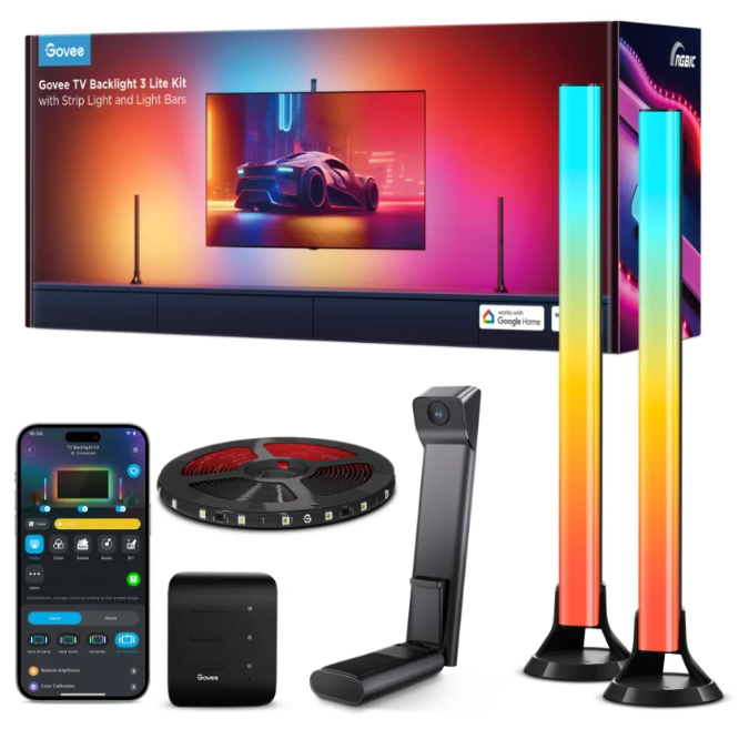 Set Banda LED + Lampa LED pentru TV Govee TV Backlight 3 Lite Kit, H605A, RGBICW, TV 55-65", Wi-Fi, Bluetooth, Alexa, Google Assistant, Clasa energetica G