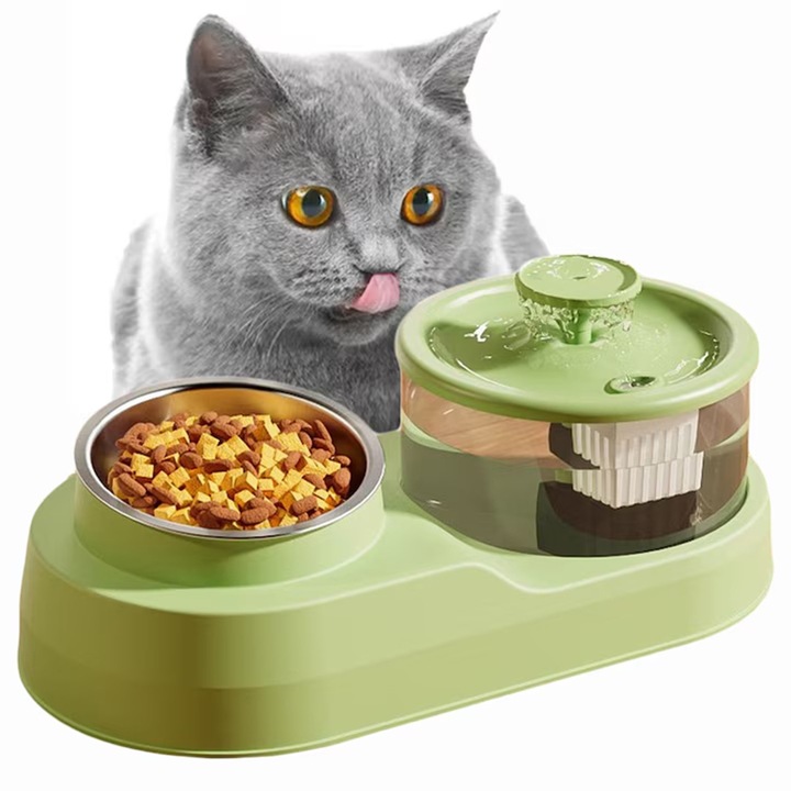 Dispenser apa automat cu Bol pentru mancare Yulinland®, 2-1 tip fantana pentru pisici si caini, sistem recirculare, Design Ergonomic, USB, otel inoxidabil, capacitate 1.5L, Verde