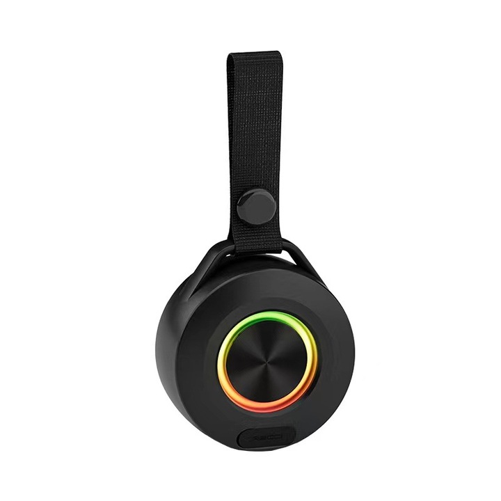 Hordozható Bluetooth hangszóró, 5W, IPX3, RGB fényeffektusok, 96x86x43mm, fekete
