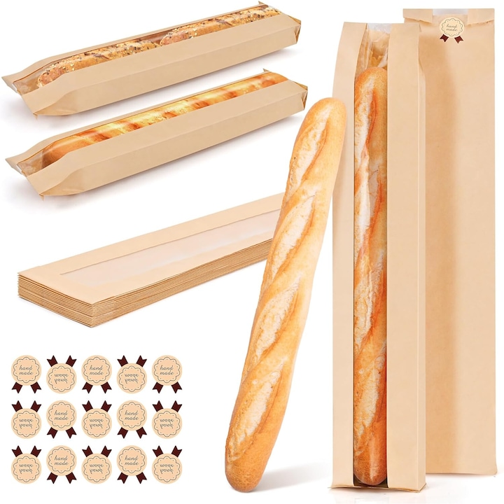 Set 50 Pungi pentru Baghete pentru Paine de Casa cu Autocolante, Pungi Mari din Hartie pentru Paine cu Fereastra Transparenta, Pungi pentru Depozitarea Painii de Casa, Paine Sourdough, Ustensile pentru Coacerea Painii, 59 x 11 x 4 cm, Maro