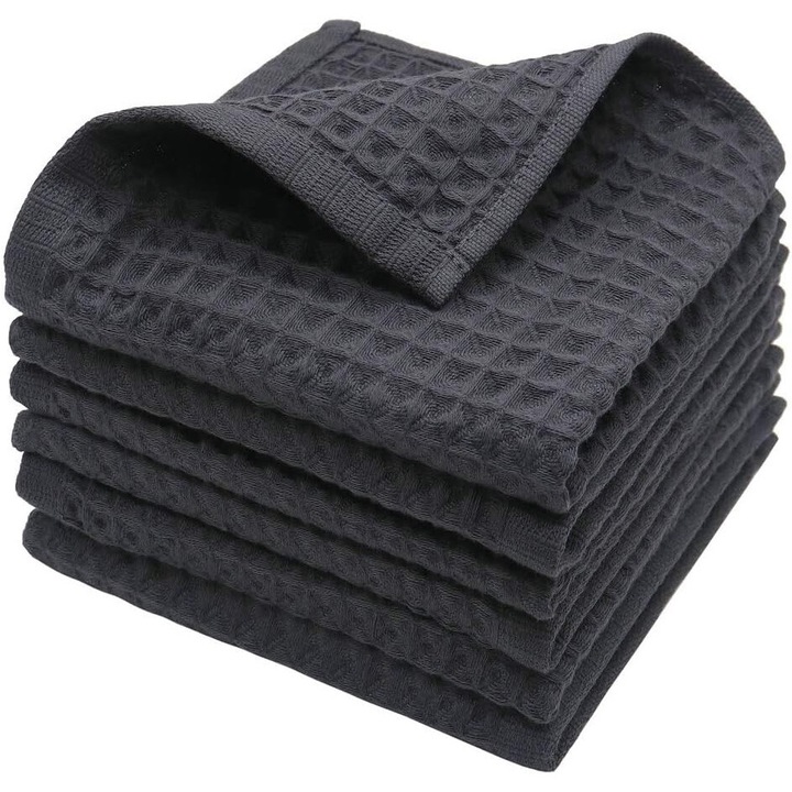 Комплект от 10 кърпи за съдове от 100% естествен памук, класически дизайн с вафлена материя, абсорбиращи и лесни за сушене, 25 x 25 см, кърпи за баня, ръце и лице, идеални за домашна кухня, кафенета, тъмносиви