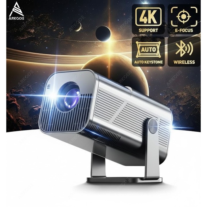 Videoproiector portabil ultra compact ArKode™ Pro-R2S，Android 11，Wi-Fi 6, bluetooth 5.0, silentios, suport HD, fullHD, 2k, 4K, conexiune HDMI, USB si Mirroring Android/IOS, difuzor integrat, oscilare 180 grade, telecomanda，Negru Mat