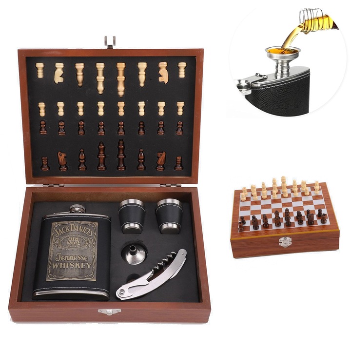 Set Cadou pentru Barbati, Kawalon, Tirbuson, Sticla pentru Bautura si Pahare Imbracate in Piele, Cutie si Piese pentru Sah, Feros