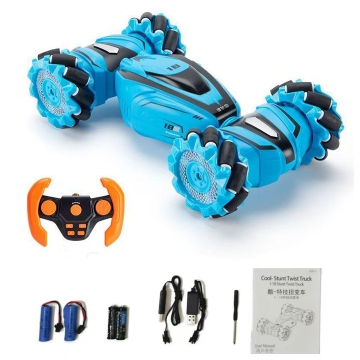 Кола с дистанционно управление за деца, DCSZVIGS®, 2.4GHz дрифт кола с въртене на 360°, бърза, 4WD, радиоуправляема, 2 акумулаторни батерии, синьо/черно