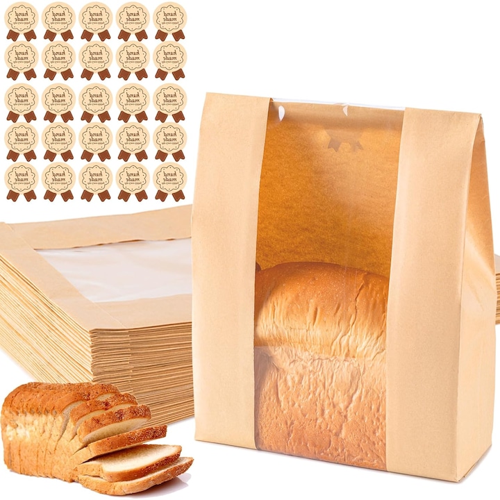 Set 50 Piese Pungi pentru Paine de Casa, Pungi de Paine pentru Sourdough cu Fereastra, 50% Mai Groase, 21 x 9.7 x 35 cm, Pungi Mari pentru Patiserie – Pungi pentru Paine, Biscuiti si Gustari – Inclusiv 60 Stickere pentru Sigilare cu Snururi