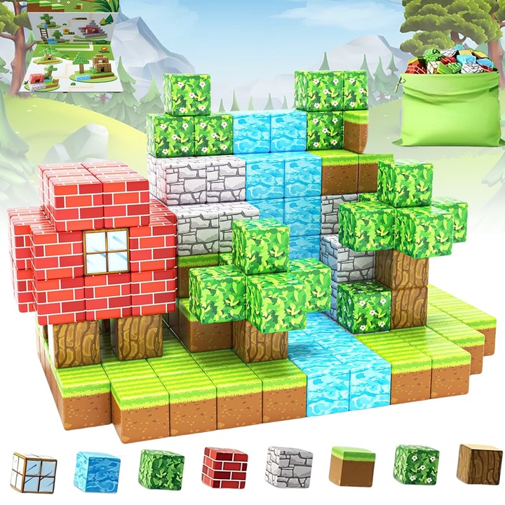 Магнитен комплект конструктор 48 части, Puepoul, 3D, Влезте във виртуалния свят, Магнитно сглобяване, Кубчета, Сетивни дейности, Многобройни възможности за творческо изграждане, Без BPA, Образователен и творчески, 3 години+, Многоцветен