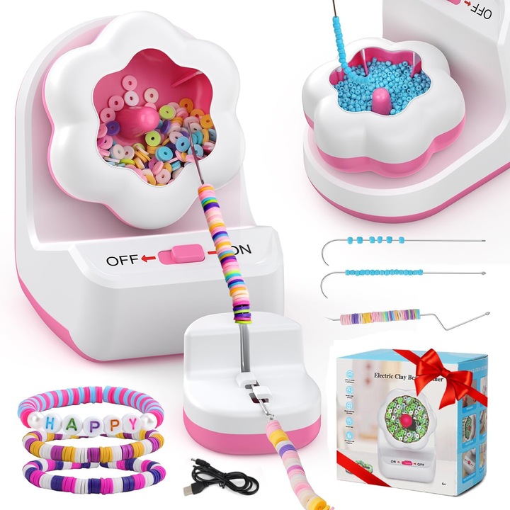 Set creativ pentru realizarea de bijuterii, Puepoul, Spinner electric de margele, pentru bratari si margele de talie, functionare silentioasa, 50ML, 11 x 8 x 10 cm, Alb si roz