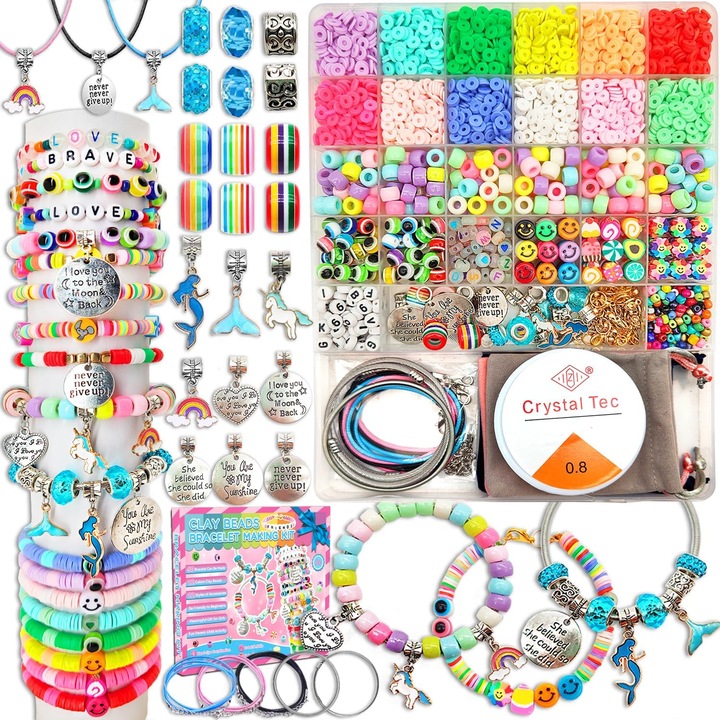 Set Bijuterii pentru Fetite, Puepoul, 3400 perle Multicolor, Cutie Depozitare, Franghie Elastica, cadou de Craciun, Plastic, 5-12 ani, Multicolor