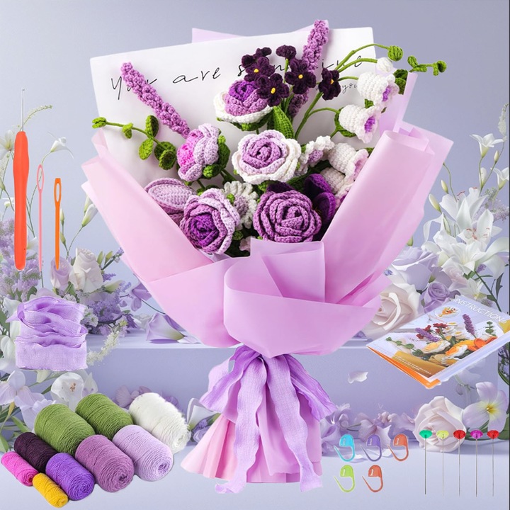 Kit de crosetat, Puepoul, Trandafir, Buchet DIY handmade, Set complet de crosetat cu carlige de crosetat, Fire, Videoclipuri tutoriale, Cadouri pentru zile de nastere, aniversari, absolviri, nunti, petreceri, decoratiuni interioare etc. Violet