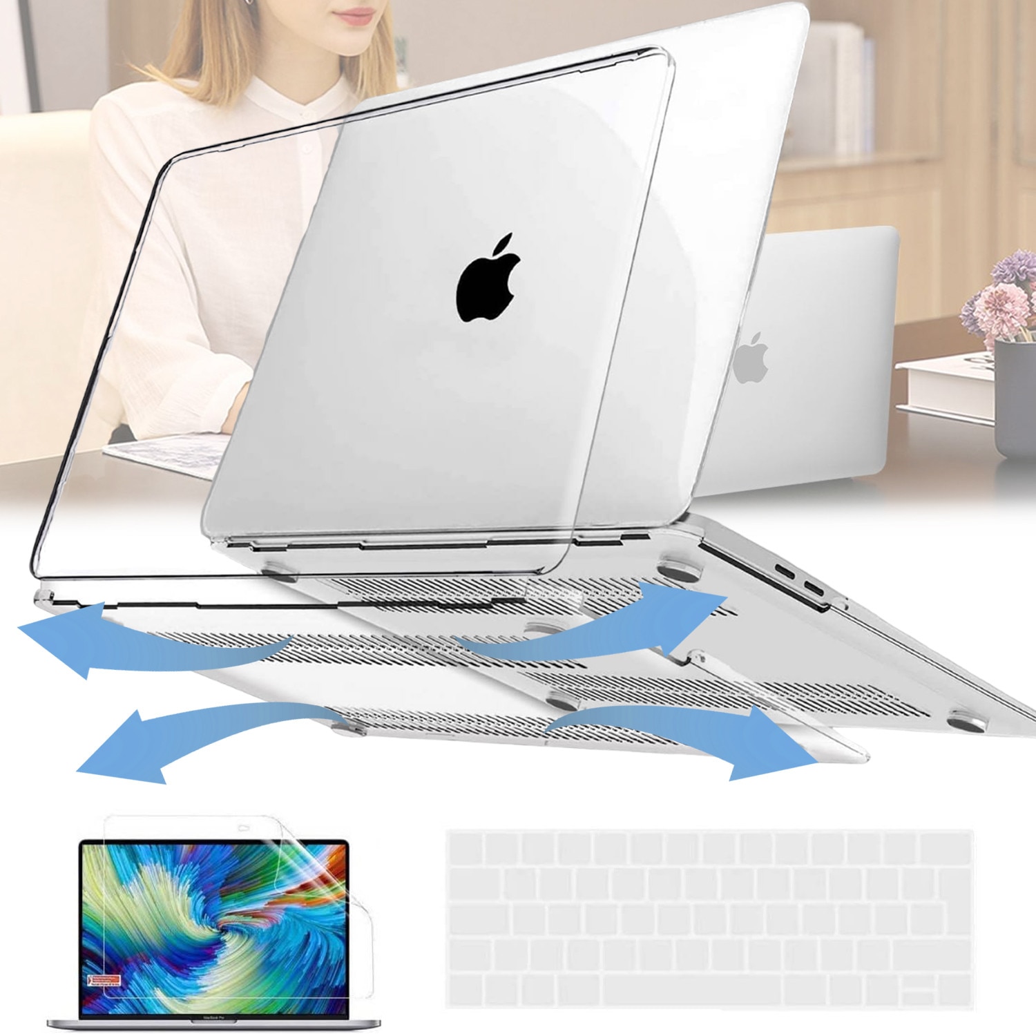 Husa de protectie pentru MacBook Air 13.3-inch, Puepoul, A1932/A2179/A2337, Cu folie de protectie pentru tastatura si folie de sticla calita, plastic, Material ecologic, netoxic, fara miros, transparent