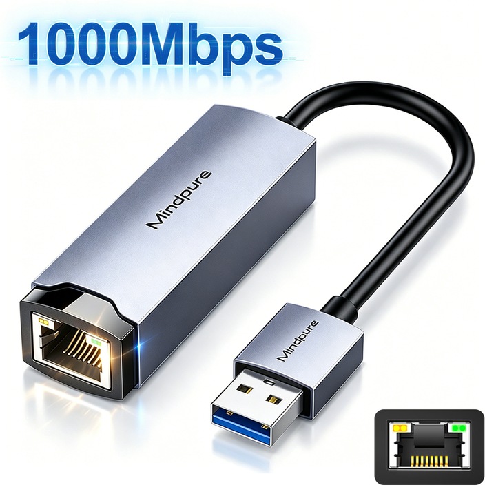 Adaptor ethernet, Yulinland®, Port USB 3.0 catre RJ45 Gigabit Ethernet, 10/100/1000 Mbps, Cu indicator de putere, Instalare fara actionare, Plug&Play, compatibila cu mai multe sisteme, 67x22x17mm, Aliaj de aluminiu, Gri