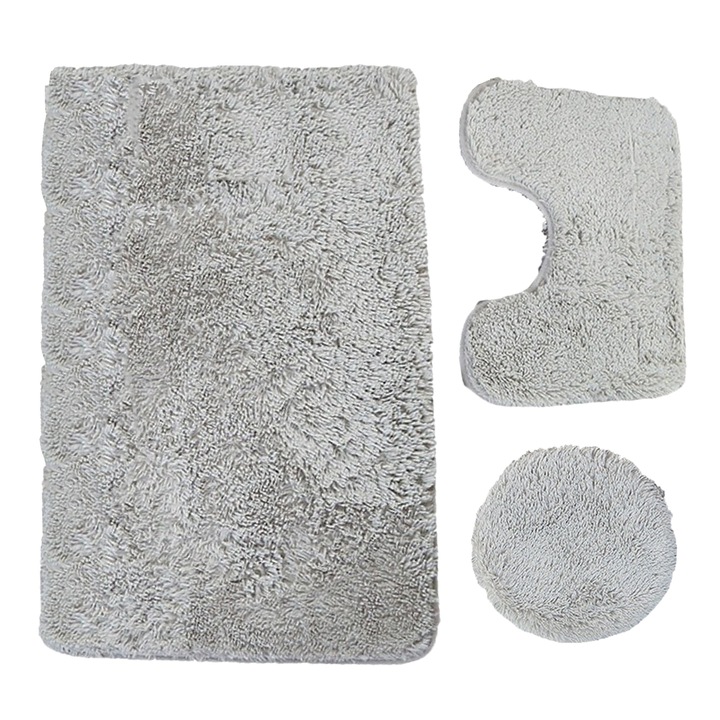 3 db Yulinland® fürdőszőnyeg szett, csúszásmentes alap, pihe, puha, Prémium anyagú, strapabíró, 80x50 cm, 50x40 cm, 42x38 cm, modern kivitel U-alakú szőnyeggel és wc ülőke huzattal, Világos szürke