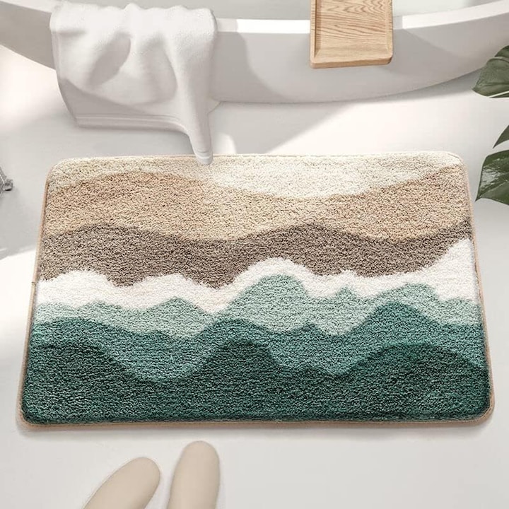 Covor de baie antiderapant, Yulinland®, covor de baie antiderapant Ocean Beach pentru, Super absorbant, Antiderapant, Usor de curatat, foarte moale la atingere, lavabil la masina, Dreptunghiular, Dimensiuni 60 x 40 cm, Calitate Premium, Verde deschis