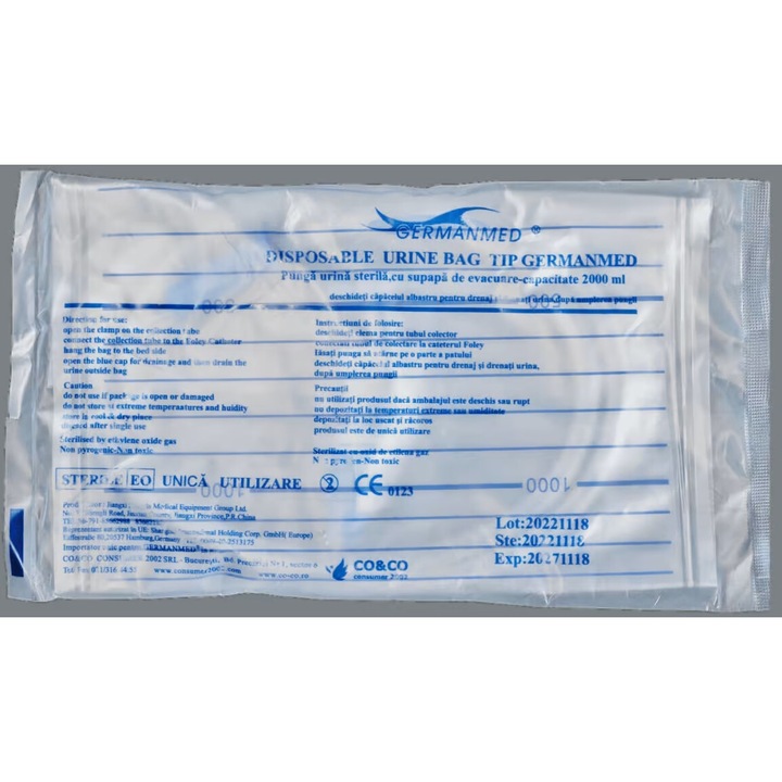 Set 10 pungi urinare sterila cu valva de scurgere, 2000 ml – GermanMed