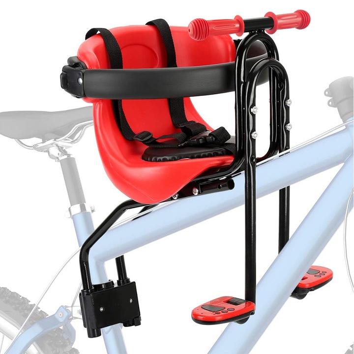 Scaun pentru biciclete pentru bebelusi, Autocise, montare frontala, sigur, confortabil, pentru copil mic cu centura de siguranta si balustrada, compatibil cu bicicleta pentru adulti, rosu