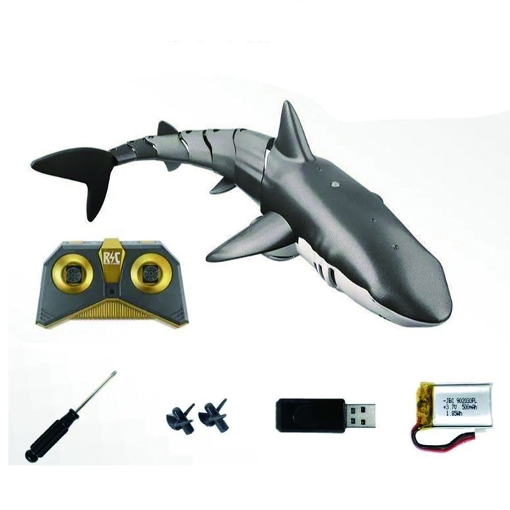 Jucarie cu rechin cu telecomanda, pulverizare apa cu telecomanda + lumina, design rezistent la apa, poate accelera inainte si balansa la stanga si la dreapta, telecomanda anti-interferenta fara fir de 2,4 GHz, design cu elice dubla, 34x15x10cm