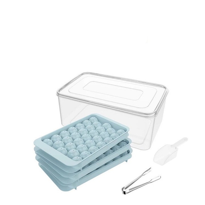 Set 3 forme din pentru cuburi de gheata, Vine cu recipient de gheata, dosar, lingura si capac, Poate fi realizat 99PCS Sfera de gheata, Pentru racirea cocktailurilor Cafea Ceai Whisky, Albastru deschis