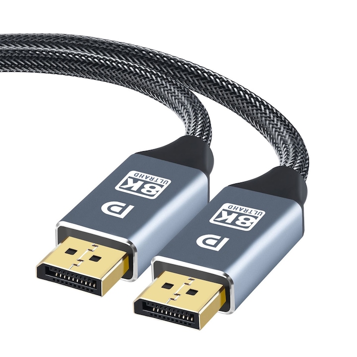 Adapterkábel, Hggzeg, DisplayPort dugó – DisplayPort dugó, HDR 8K@60Hz/4K@144Hz/ 2K@165Hz, Ultragyors adatátvitel, 32,4 Gbps, 1,4 DP, kompatibilis Windows, Mac OS, Linux, Alumínium/Nylon, 2m-es