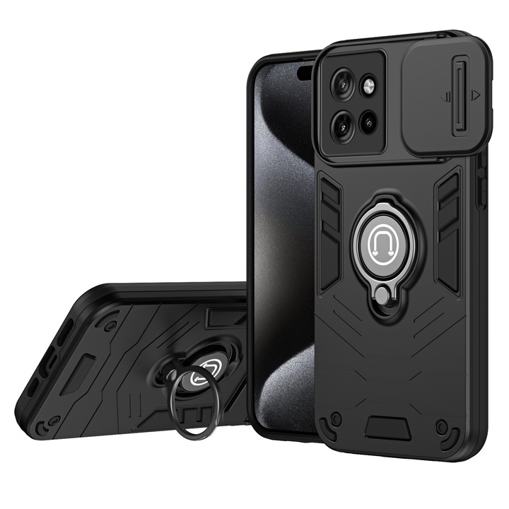 Удароустойчив калъф за мобилен телефон Armor, съвместим с Motorola Edge 50 Neo, с държач за пръстен, черен