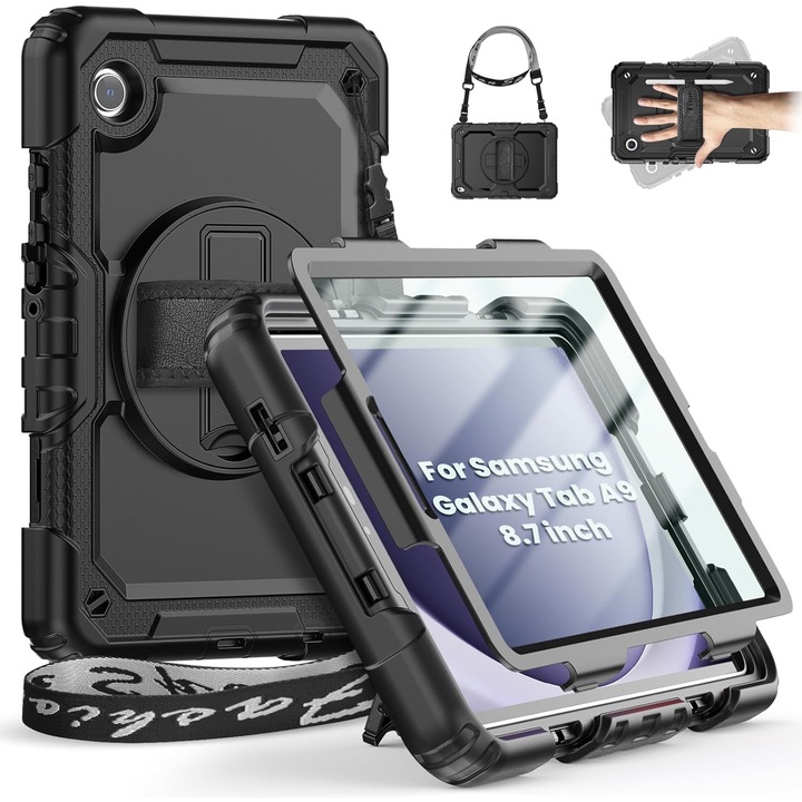 Калъф TECH-PROTECT Kevlar Pro, съвместим с Samsung Galaxy Tab A9 8,7 инча, калъф, протектор за екран, черен