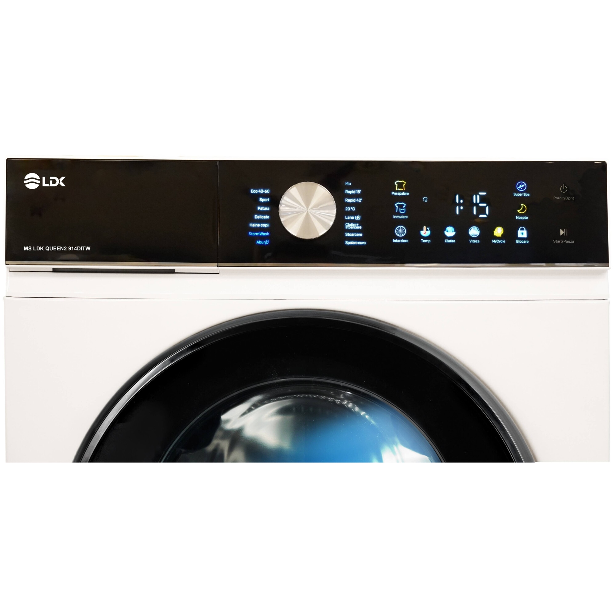 Masina de spalat rufe LDK Queen 914DITW, 9 Kg, Clasa A, 1400 rpm, 16 programe, Control Touch, Steam, Super Spa, Storm Wash, Night wash, My Cycle, Amanare pornire, Motor Inverter, Alb