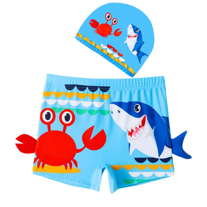 Costum de baie copii, cu bonet asortat, tema petrecere pe plaja, imprimeu cu animale, detaliu coada, multicolor, XL