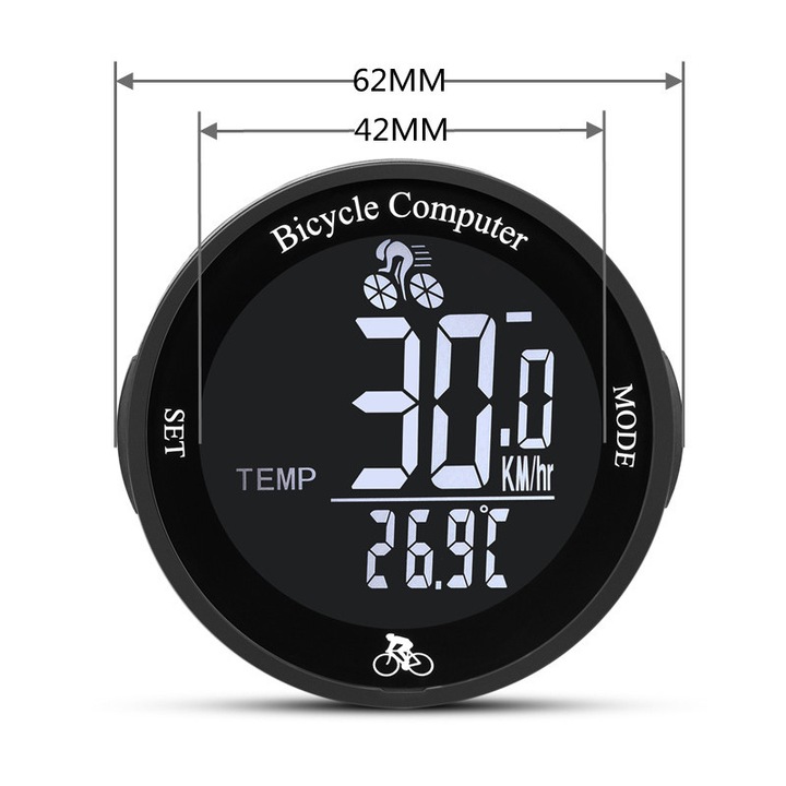 Ciclocomputer bicicleta, Autocise, wireless, waterproof, 6.2x6.2cm, negru