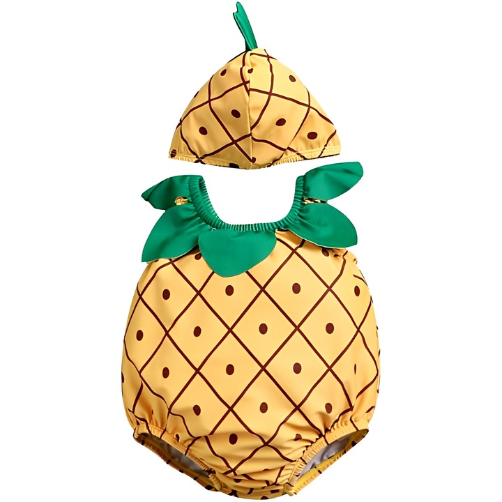 Costum de baie pentru copii, set cu palarie, tema fructe, design ananas, galben, 80-90 cm