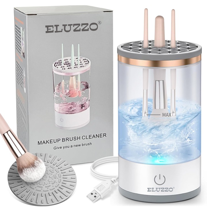 Aparat Electric pentru Curatarea Pensulelor de Machiaj ELUZZO®, Curatare Ultrasonica, 3 in 1, 7000 RPM, Alimentare USB, Design Compact, Uz casnic si Profesional, Alb
