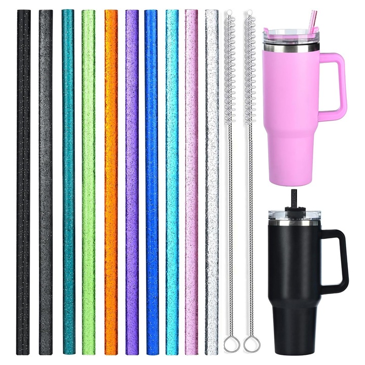 Set 10xPaie Reutilizabile Transparent, plus 2 perii de curatare, Rezistente la Temperaturi Extreme, Fara Miros, Sigur pentru Bauturi Reci si Calde, Ideal pentru Cani Standard, OUYLAF, Multicolor