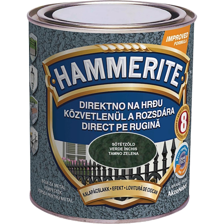 Емайл на основата на разтворители Hammerite, за метал, зелен, изкован вид, 0,75 л
