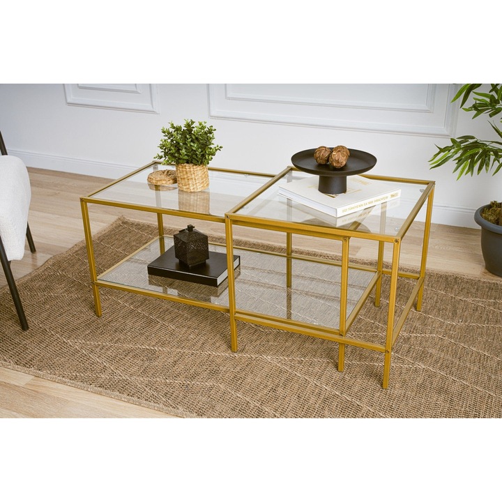 Set 2 mese de cafea din metal si sticla, Sevay Auriu/Transparent, L90xl45xH44/L50xl50xH49 cm