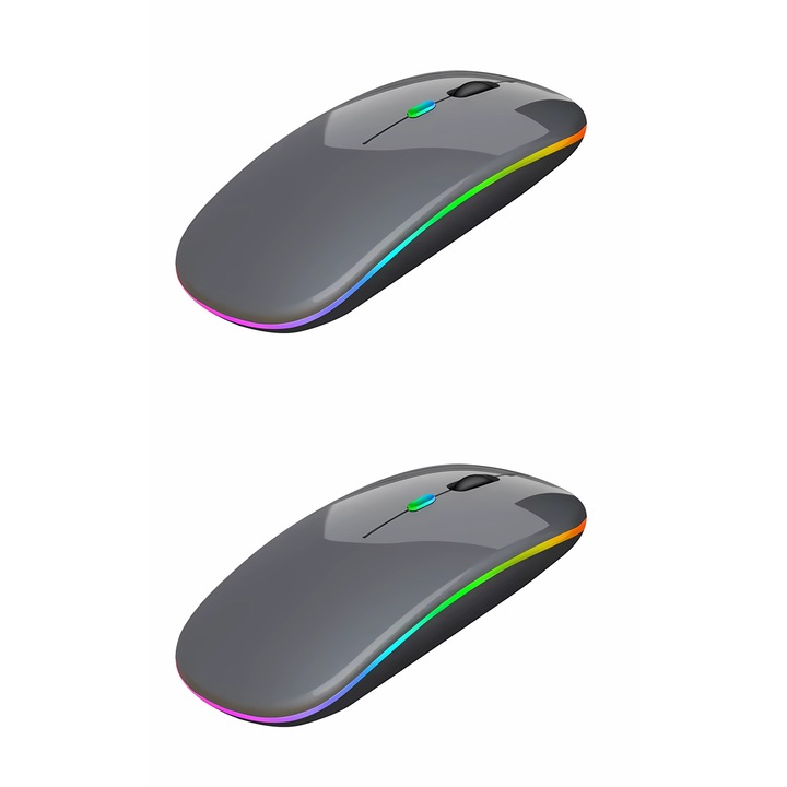 Комплект от 2 мишки Bervolo® RGB, двойна безжична USB и Bluetooth, ултратънка, тихо щракване, акумулаторна батерия, цветни светлини, регулируеми DPI 800/1200/1600, космическо сиво