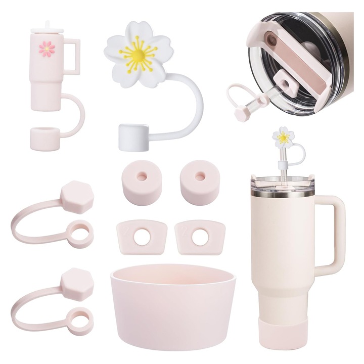 Комплект аксесоари за чаши Stanley, 6 непропускливи силиконови запушалки, 2 сламени капачки, 1 силиконова втулка за чаши от 1,2 L и 850 ml, горещо розово