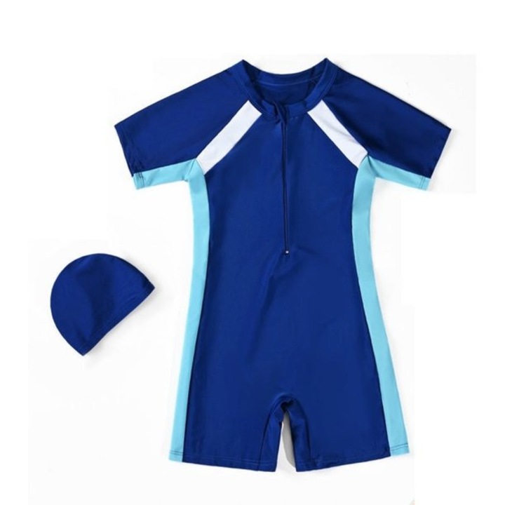 Costum de baie doua piese Mixbo, Scuba Boy, salopeta si casca protectoare, albastru