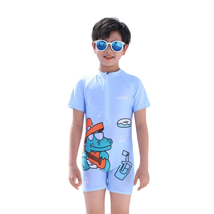 Costum de baie copii intreg Mixbo, salopeta Scuba Boy Blue Dino, albastru deschis