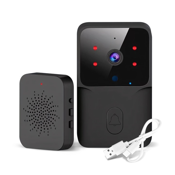 Vezeték nélküli video csengő, éjjellátó, Tuya Smart távirányító, 2.4G Wi-Fi, kétirányú kommunikáció, fekete