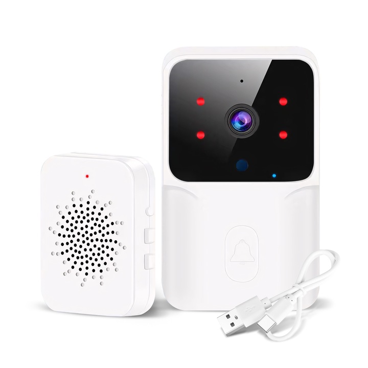 Vezeték nélküli video csengő, éjjellátó, Tuya Smart távirányító, 2.4G Wi-Fi, kétirányú kommunikáció, fehér