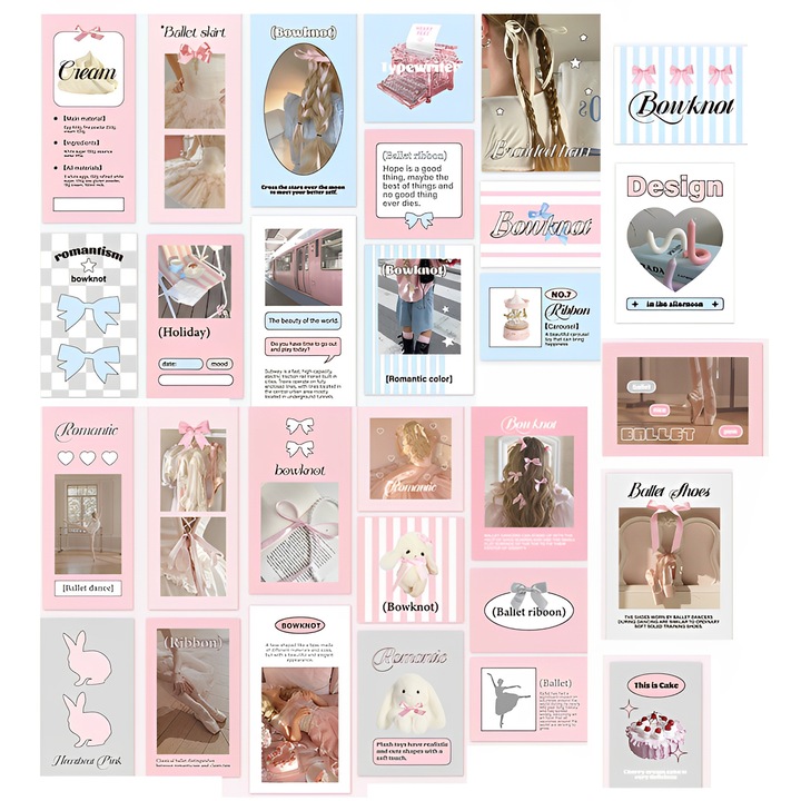 Комплект декоративни стикери, 60 листа, хартия с покритие, стикери, лък и балетна шарка, многоцветни