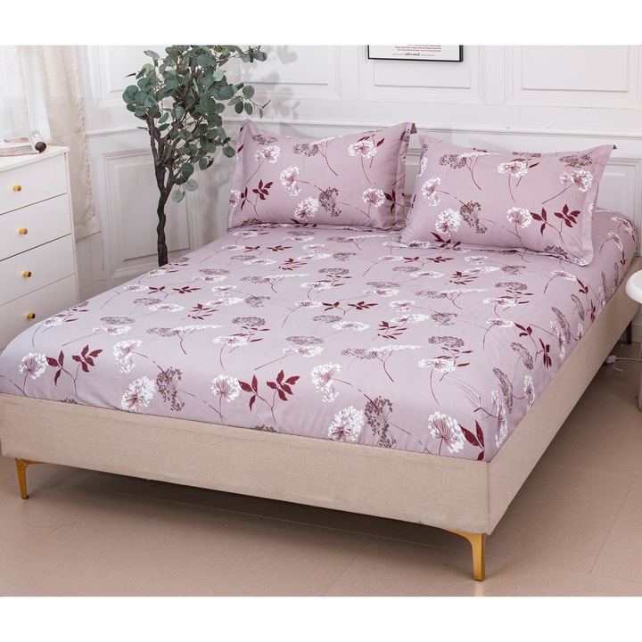 Set Husa de pat cu elastic CHIRASO, din Bumbac Satinat, 3 piese: Cearceaf cu elastic 180 x 200 cm si 2 fete de perna 52 x 80 cm, cu imprimeu flori, mov prafuit