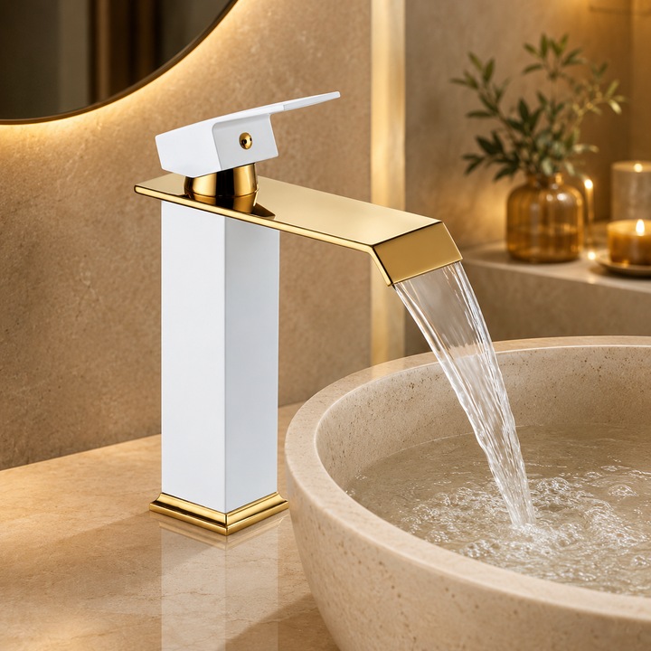 Baterie Chiuveta Baie, Tip Cascada, Monocomanda, Design Minimalist, Racorduri incluse, Otel Inoxidabil, Puternica si Durabila, Rezistenta la rugina si coroziune, usor de instalat, SMARTGADGETS C&A, Alb-Auriu, 19 CM