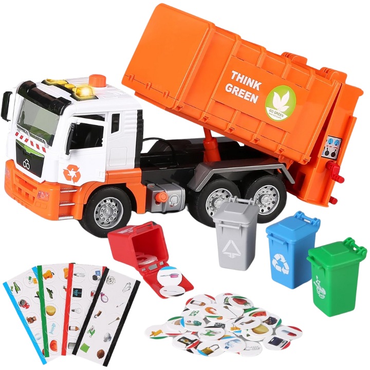 Camion de Gunoi Interactiv Pull Back cu Lumini si Sunete Realiste, Usi mobile, 4 Containere, Stimuleaza Imaginatia si Invata Despre Protectia Mediului, 31x16x10 Cm, Alb Portocaliu, +3 Ani, Utility One